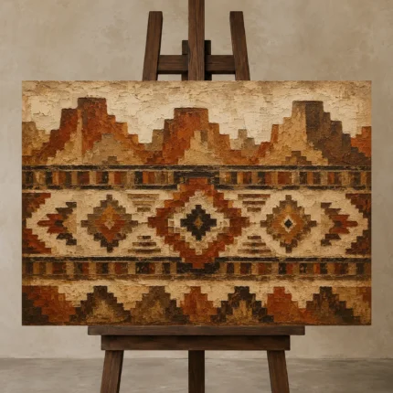 Rust & Sandstone Native Pattern Ethnic Wall Art Canvas Print displayed on a studio easel