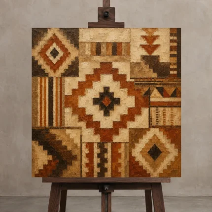 Umber & Rust Native Pattern Ethnic Wall Art Canvas Print displayed on a studio easel