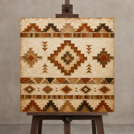 Ivory & Terracotta Native Pattern Ethnic Wall Art Canvas Print displayed on a studio easel