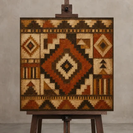 Rust & Espresso Native Pattern Ethnic Wall Art Canvas Print displayed on a studio easel