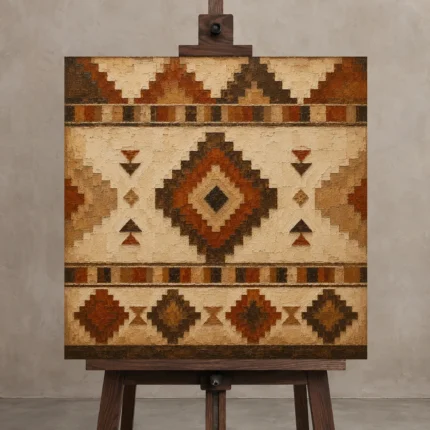 Umber & Sandstone Native Pattern Ethnic Wall Art Canvas Print displayed on a studio easel