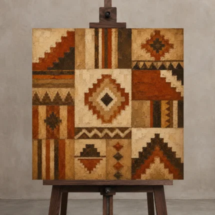 Rust & Parchment Native Pattern Ethnic Wall Art Canvas Print displayed on a studio easel