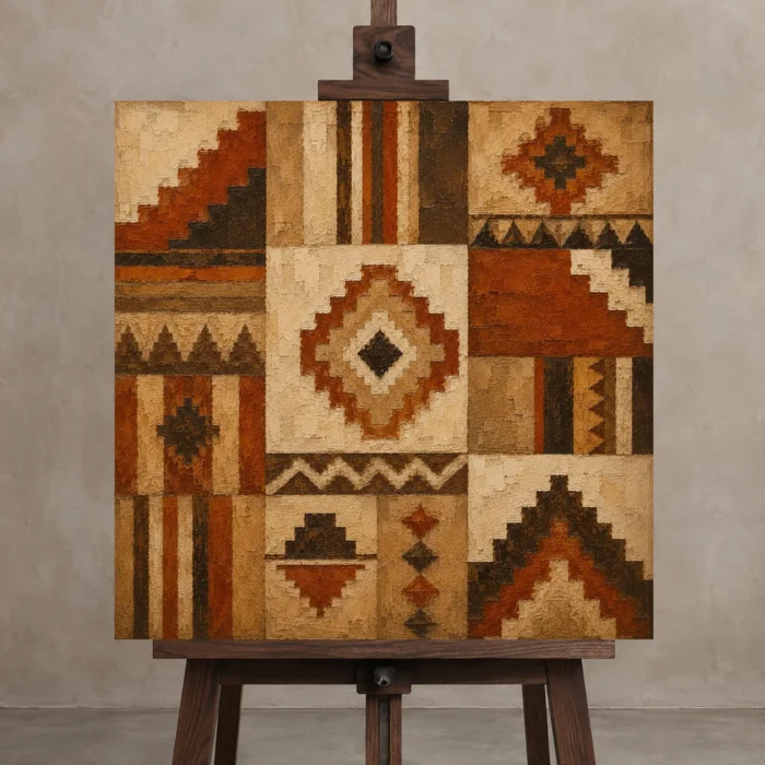 Rust & Parchment Native Pattern Ethnic Wall Art Canvas Print displayed on a studio easel