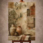 Olive, terracotta, and warm ivory Mediterranean Ethnic Wall Art print for elegant interiors. No text or watermarks in design.