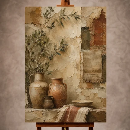 Olive, terracotta, and warm ivory Mediterranean Ethnic Wall Art print for elegant interiors. No text or watermarks in design.