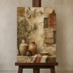Olive & Terracotta Mediterranean Ethnic Wall Art Canvas Print displayed on a studio easel