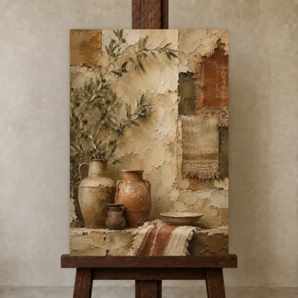 Olive & Terracotta Mediterranean Ethnic Wall Art Canvas Print shown in Studio Easel