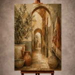Terracotta and olive Mediterranean Ethnic Wall Art print for elegant interiors. No text or watermarks in design.
