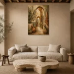 Terracotta & Olive Mediterranean Ethnic Wall Art Canvas Print presented in a sophisticated home setting