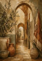 Olive Green & Warm Taupe Mediterranean Ethnic Wall Art Canvas Print