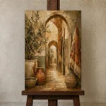 Olive Green & Warm Taupe Mediterranean Ethnic Wall Art Canvas Print displayed on a studio easel