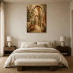 Olive Green & Warm Taupe Mediterranean Ethnic Wall Art Canvas Print showcased in an elegant minimalist interior