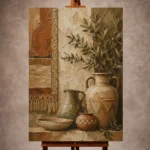 Olive and faded clay Mediterranean Ethnic Wall Art print for elegant interiors. No text or watermarks in design.