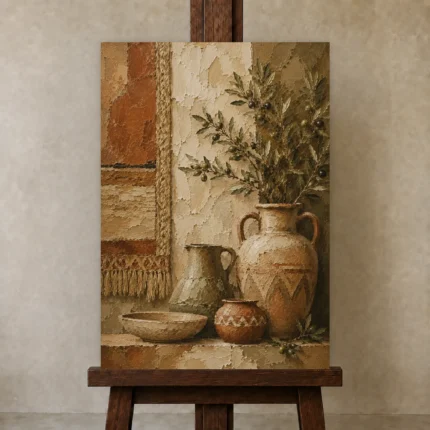 Olive & Faded Clay Mediterranean Ethnic Wall Art Canvas Print shown in Studio Easel
