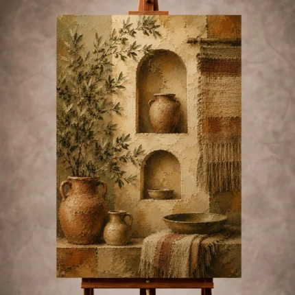 Terracotta and muted bronze Mediterranean Ethnic Wall Art print for elegant interiors. No text or watermarks in design.