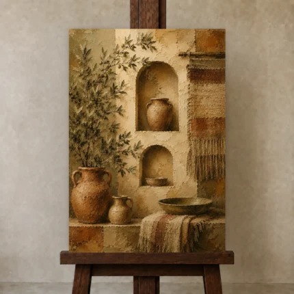 Terracotta & Muted Bronze Mediterranean Ethnic Wall Art Canvas Print shown in Studio Easel