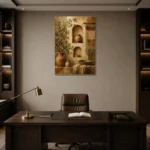 Terracotta & Muted Bronze Mediterranean Ethnic Wall Art Canvas Print displayed in a contemporary gallery-inspired room