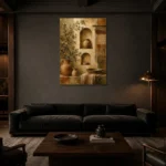 Terracotta & Muted Bronze Mediterranean Ethnic Wall Art Canvas Print shown in a warm modern interior