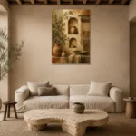 Terracotta & Muted Bronze Mediterranean Ethnic Wall Art Canvas Print presented in a sophisticated home setting