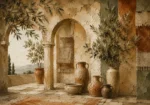 Olive & Terracotta Panoramic Mediterranean Ethnic Wall Art Canvas Print
