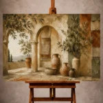Olive and terracotta Mediterranean Ethnic Wall Art print for elegant interiors. No text or watermarks in design.