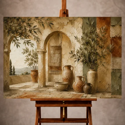 Olive and terracotta Mediterranean Ethnic Wall Art print for elegant interiors. No text or watermarks in design.