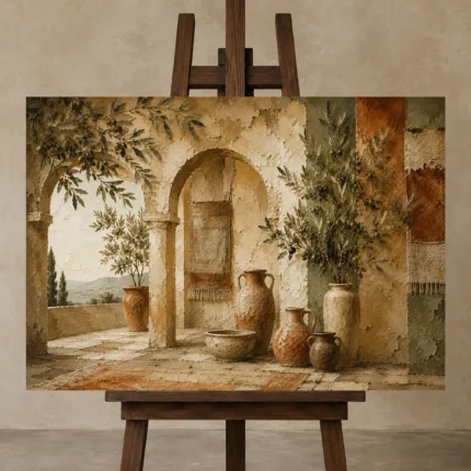 Olive & Terracotta Panoramic Mediterranean Ethnic Wall Art Canvas Print displayed on a studio easel