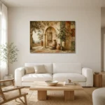 Olive & Terracotta Panoramic Mediterranean Ethnic Wall Art Canvas Print styled in a refined neutral interior