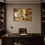 Olive & Terracotta Panoramic Mediterranean Ethnic Wall Art Canvas Print displayed in a contemporary gallery-inspired room