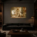 Olive & Terracotta Panoramic Mediterranean Ethnic Wall Art Canvas Print shown in a warm modern interior