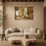 Olive & Terracotta Panoramic Mediterranean Ethnic Wall Art Canvas Print presented in a sophisticated home setting