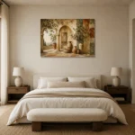 Olive & Terracotta Panoramic Mediterranean Ethnic Wall Art Canvas Print showcased in an elegant minimalist interior