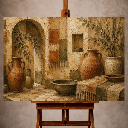 Terracotta and olive Mediterranean Ethnic Wall Art print for elegant interiors. No text or watermarks in design.