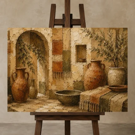 Terracotta & Olive Courtyard Mediterranean Ethnic Wall Art Canvas Print displayed on a studio easel