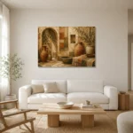 Terracotta & Olive Courtyard Mediterranean Ethnic Wall Art Canvas Print styled in a refined neutral interior
