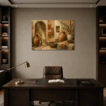 Terracotta & Olive Courtyard Mediterranean Ethnic Wall Art Canvas Print displayed in a contemporary gallery-inspired room
