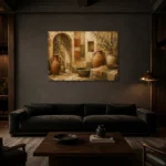 Terracotta & Olive Courtyard Mediterranean Ethnic Wall Art Canvas Print shown in a warm modern interior
