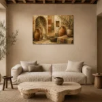Terracotta & Olive Courtyard Mediterranean Ethnic Wall Art Canvas Print presented in a sophisticated home setting