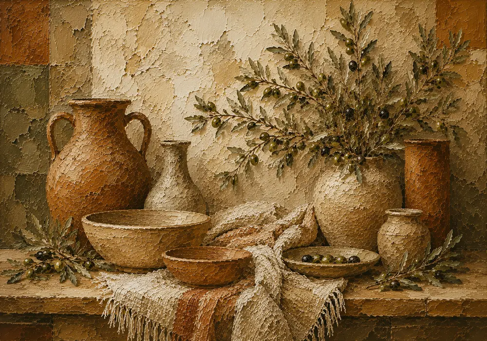 Olive Green & Sunlit Taupe Mediterranean Ethnic Wall Art Canvas Print