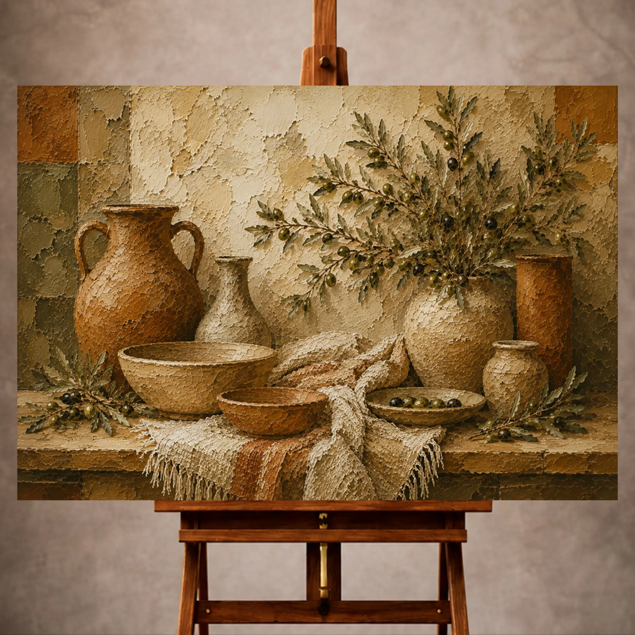 Premium Wall Art Yatay Html Edition – ETNİCART058 Image 1 Olive green and sunlit taupe Mediterranean Ethnic Wall Art print for elegant interiors. No text or watermarks in design.
