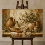 Olive Green & Sunlit Taupe Mediterranean Ethnic Wall Art Canvas Print displayed on a studio easel