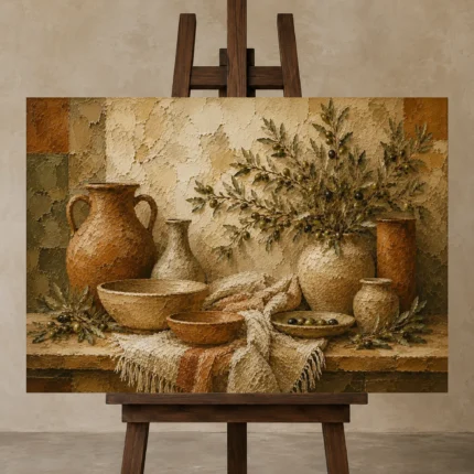 Olive Green & Sunlit Taupe Mediterranean Ethnic Wall Art Canvas Print displayed on a studio easel
