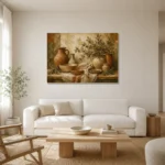 Olive Green & Sunlit Taupe Mediterranean Ethnic Wall Art Canvas Print styled in a refined neutral interior