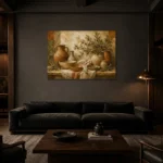 Olive Green & Sunlit Taupe Mediterranean Ethnic Wall Art Canvas Print shown in a warm modern interior