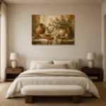 Olive Green & Sunlit Taupe Mediterranean Ethnic Wall Art Canvas Print showcased in an elegant minimalist interior