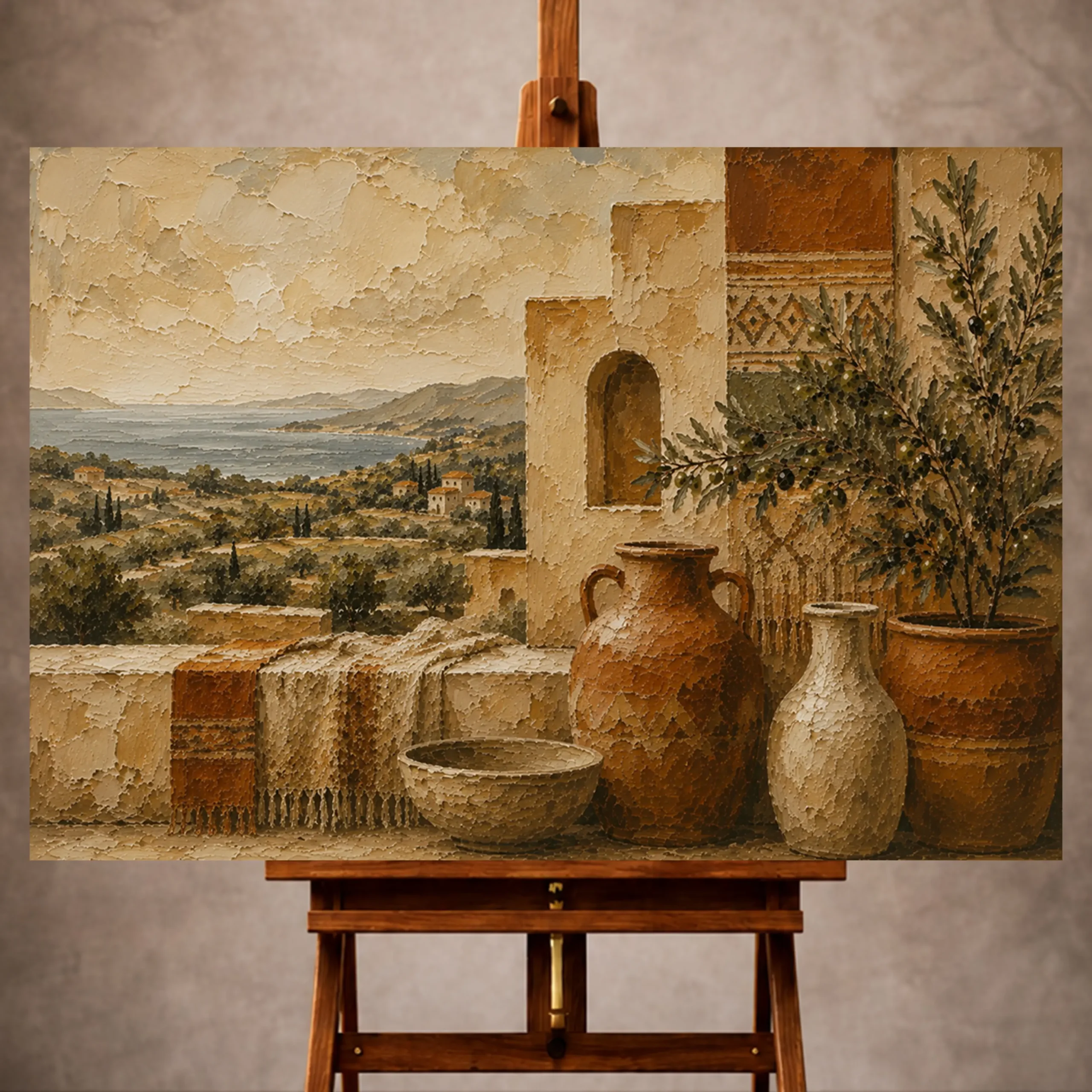 Premium Wall Art Yatay Html Edition – ETNİCART059 Image 1 Olive and dusty cream Mediterranean Ethnic Wall Art print for elegant interiors. No text or watermarks in design.