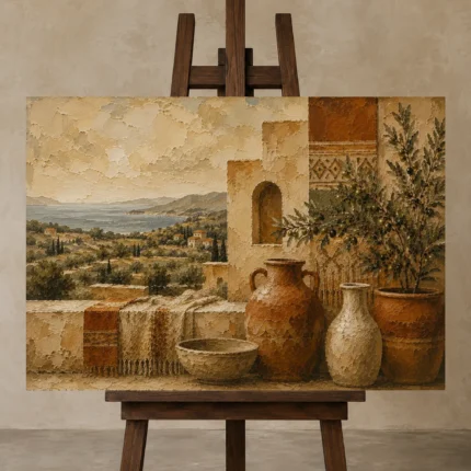 Olive & Dusty Cream Villa Mediterranean Ethnic Wall Art Canvas Print displayed on a studio easel