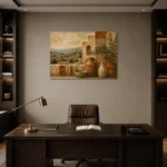 Olive & Dusty Cream Villa Mediterranean Ethnic Wall Art Canvas Print displayed in a contemporary gallery-inspired room