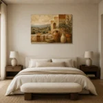 Olive & Dusty Cream Villa Mediterranean Ethnic Wall Art Canvas Print showcased in an elegant minimalist interior