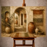 Sand and muted bronze Mediterranean Ethnic Wall Art print for elegant interiors. No text or watermarks in design.